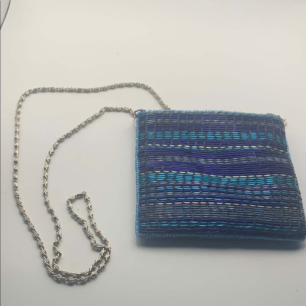 Textured Blue Crossbody Bag with Silver Chain